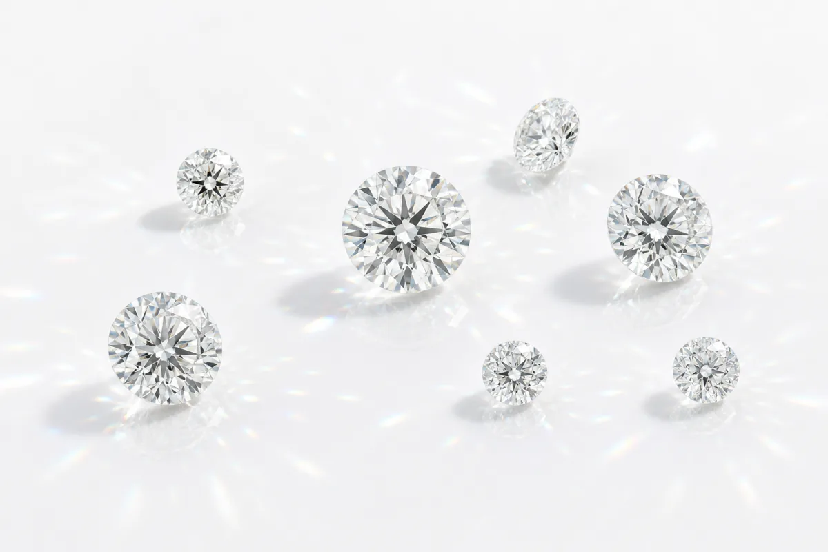 High-key studio photograph: loose diamonds scattered on white acrylic